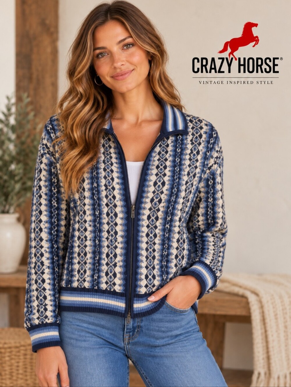Crazy Horse Vintage Style Blue Fair Isle Zip Up Cardigan Knit Sweater Large